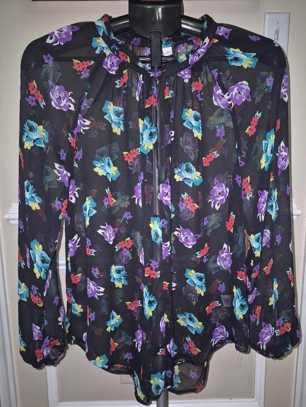 ELLE Floral Sheer Mock Neck Keyhole Blouse - Black Purple Blue - Size M